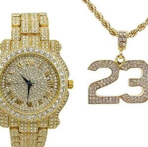 23 Chain Diamond Necklace Roman Numeral Watch Iced